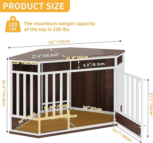 YITAHOME 52 Inch Corner Dog Crate Furniture, Heavy Duty Dog Kennel Indoor Furniture End Table Side Table Dog Crate, Modern Indoor Pet Crate Wooden Dog Crate for Large Dogs, White Walnut