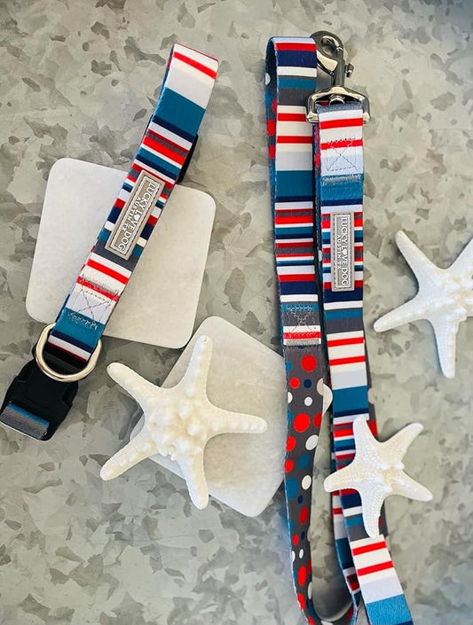 Lucky Love Dog, Nautical Matching Dog Collar and Leash Set, Polka Dot Striped Dog Collar and Leash for Male Female Dogs - (Medium, Linus Combo)