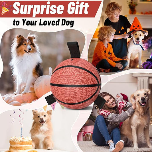 QDAN Dog Ball Basketball Toys - Balls for Dogs with Straps, Dog Toys for Tug of War, Dog Water Toy Pool Toys for Small Medium Dogs, Dog Birthday,Red(6 Inch)