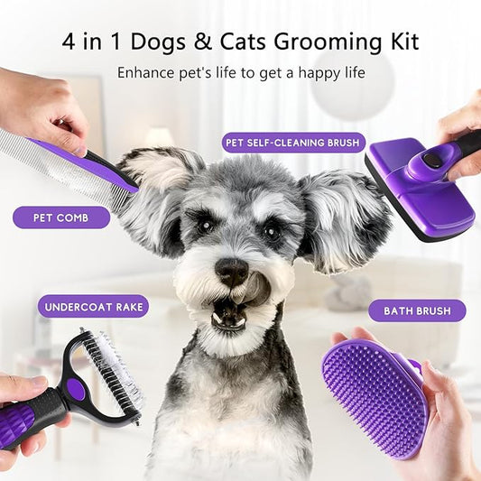 Dog Brush Kit – 4-in-1 Grooming Set with Self-Cleaning Slicker Brush & Undercoat Rake for Small, Medium & Large Long-Haired Dogs, Cats & Pets, Reduces Shedding, Tangles & Mats, Easy to Use