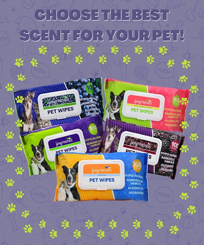 FurryFriends Pet Wipes | BlackBerry | Hypo-allergenic | Alcohol Free| Deodorizing | Removes Loose Hair & Dirt | Incredibly Clean | 100 ct. 2 Pack