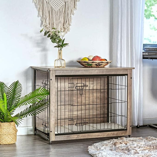 DWANTON Dog Crate Furniture with Cushion, Wooden Dog Crate with Double Doors, Dog Furniture, Indoor Dog Kennel,End Table, Medium, 32.5" L, Greige