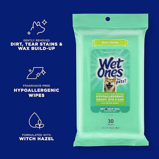 Wet Ones for Pets Extra Gentle Dog Wipes with Witch Hazel for Snout, Eye, Ear - Fragrance-Free Dog Wipes for All Dogs Wet Ones Wipes with Wet Lock Seal (Pack of 24, 720 Count Total)