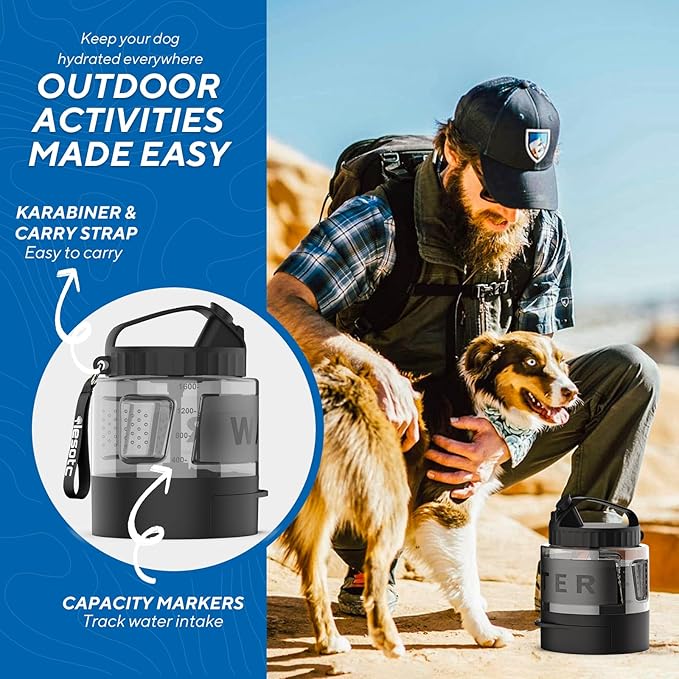 lesotc Portable Dog Water Bottle, 56oz Large Travel Water Bowl Dispenser for Dogs Camping Beach Walking Essentials, Big Pet Bottles Hiking Traveling Park Car Trips Accessories for On The Go, BPA Free