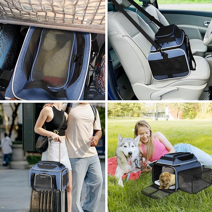 Petskd Top and Side Expandable Pet Carrier 18x13x9.5 Inches Southwest Allegiant Airline Approved, Soft-Sided Carrier for Small Cats and Dogs with Locking Safety Zippers and Anti-Scratch Mesh(Blue)