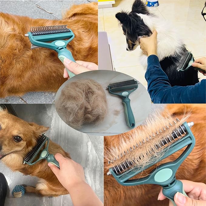 Pet Grooming 2 in 1 Rake Comb Dog Undercoat Dematting Deshedding Brush Hair Removal Tool for Pets Removing Mats and Tangles (Large)