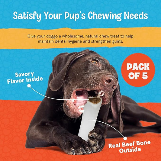 Variety Pack Stuffed Dog Bones (Flavors: Bacon & Cheese, Peanut Butter, and Beef) - 3-4 Inch Long Dog Treats - Natural Stuffed Dental Dog Bone Treats for Dogs - 5 Pack