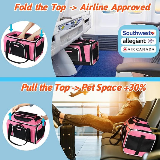 Petskd Top-Expandable Pet Carrier 18x13x9.5 Inches Southwest Allegiant Airline Approved, Soft-Sided Carrier for Small Cats and Dogs with Locking Safety Zippers and Anti-Scratch Mesh(Pink)