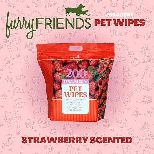FurryFriends Pet Wipes | Strawberry | Hypo-allergenic | Alcohol Free| Deodorizing | Removes Loose Hair & Dirt | Incredibly Clean | 200 ct. 1 Pack