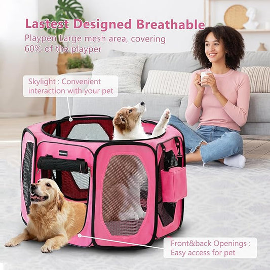Dog Playpen, Cat Dog Crate Portable Pet Exercise Cage Kennel House Puppy Playpen Animal Playpen Indoor/Outdoor, Water-Resistant Kennel Tent with Traveling Bag (Pink, Medium)