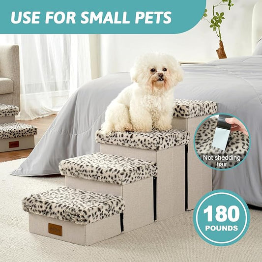 Dog Stair for Small Dogs with Storage, 17.7" H Foldable Pet Step with Soft Leakproof Cover, Older Cat Ramp for Couch Sofa Bed, Lightweight, Comfort, 33x13x17.7 inch, 4 Tiers, Leopard