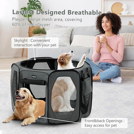 Dog Playpen, Cat Dog Crate Portable Pet Exercise Cage Kennel House Puppy Playpen Animal Playpen Indoor/Outdoor, Water-Resistant Kennel Tent with Traveling Bag (Grey, Large)