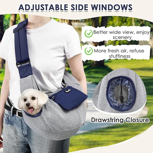SlowTon Dog Carrier Sling - Puppy Carrier with Window and Storage Pocket Fits up to 12lbs, Dog Sling with Thick Adjustable Shoulder Strap and Safety Leash, Pet Carrier Bag for Small Dogs Cats(Blue S)
