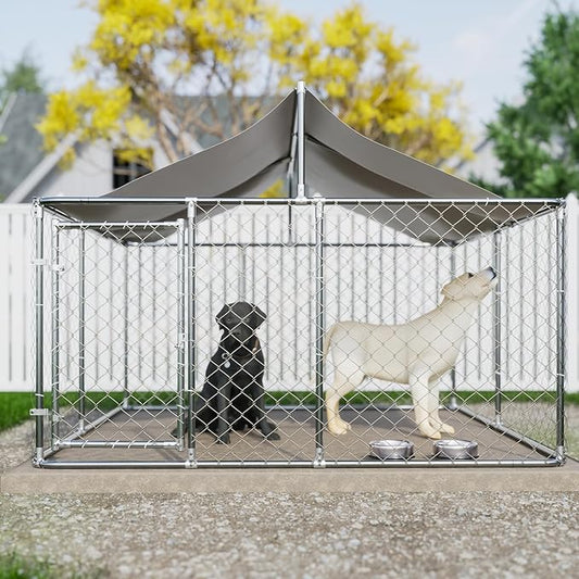 Large Outdoor Dog Cage with UV and Waterproof Cover,Metal Galvanized Rustproof Puppy Fence,W/Security Door,Heavy Duty Kennel for Farm & Garden,Silver 9.8'Lx9.8'Wx4.4'H
