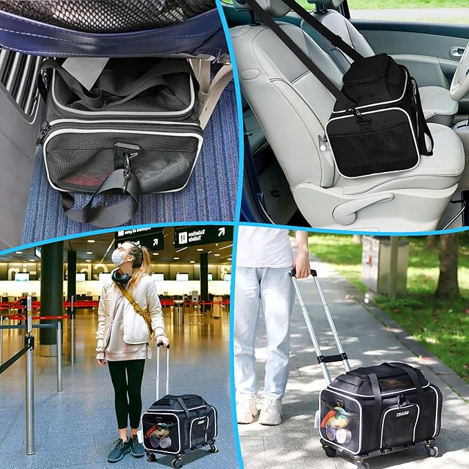 Petskd Top-Expandable Pet Carrier with Wheels 18x13x9.5 Inches Southwest Allegiant Airline Approved, Soft-Sided Carrier for Small Cats Dogs with Locking Safety Zippers and Anti-Scratch Mesh(Black)