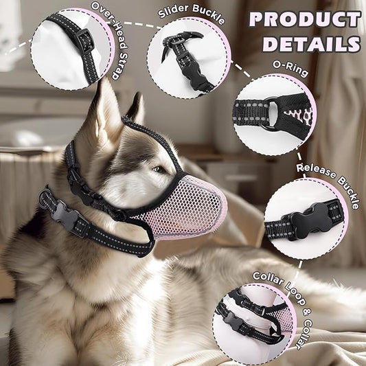 Dog Muzzle,Mesh Soft Muzzle for Small Medium Large Sized Dogs, Breathable Reflective Adjustable Puppy Muzzles with Collar for Scavenging Grooming Biting Chewing,Allows Panting and Drinking(Pink M)