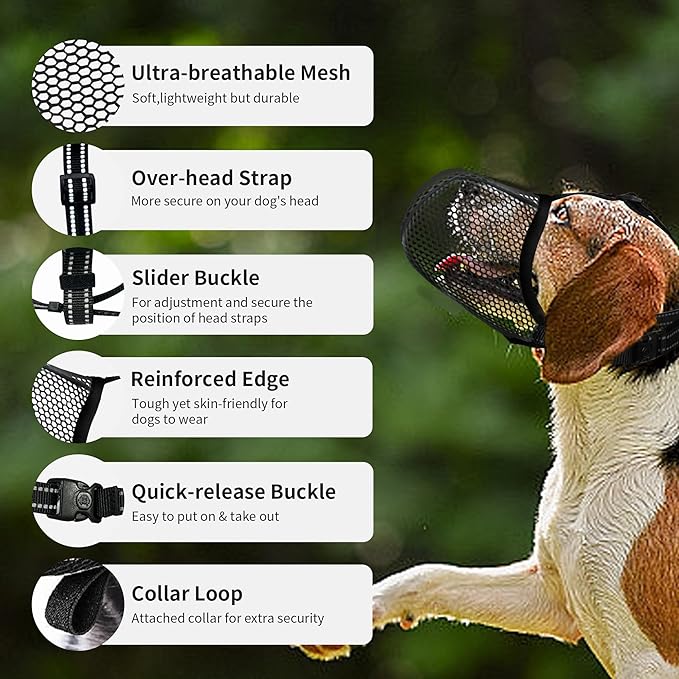 Black Dog Muzzle, Breathable Muzzle for Large Dogs to Prevent Barking Biting Chewing, Reflective & Adjustable Basket Muzzle with Air Mesh for Doberman Black XL