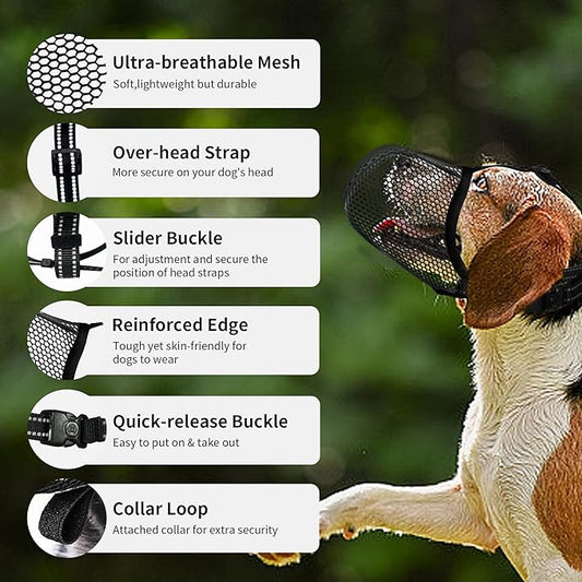 Black Dog Muzzle, Breathable Soft Muzzle for Small Dogs to Anti & Prevent Barking Biting Chewing, Reflective & Adjustable Basket Muzzle with Air Mesh for Toy Poodles Black S