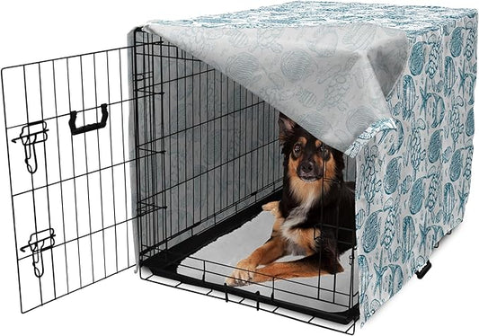 Lunarable Under The Sea Dog Crate Cover, Hand Drawn Sketch Art Style Fauna of The Sea Turtle Starfish and Fishes, Easy to Use Pet Kennel Cover for Medium Large Dogs, 42 Inch, Blue White