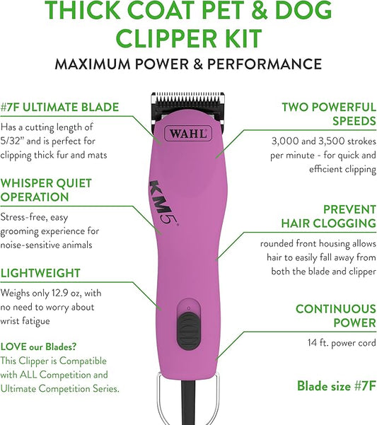 Wahl Professional Animal Thick Coat Pet Clipper & Dog Clipper (#9787-300) - Hair Remover - Grooming Clippers for Dog, Cat - for Thick Haired Pets - 2 Speeds - Pink