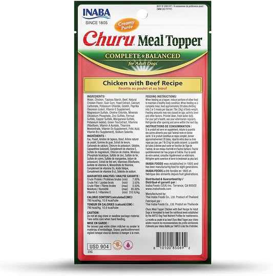 INABA Churu Meal Topper for Dogs, Complete & Balance, Creamy, Lickable Purée Dog Food Topper, 0.5 Ounce Tube, 24 Tubes (4 per Pack), Chicken with Beef Recipe