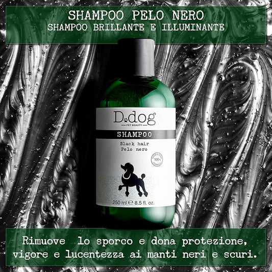 Diego dalla Palma D-Dog Pet Shampoo Black Hair - Shines and Brightens Fur - Enhances Color of Black and Dark Coat - Removes Dirt and Buildup with Every Wash - Hypoallergenic and Alcohol Free - 8.5 Oz
