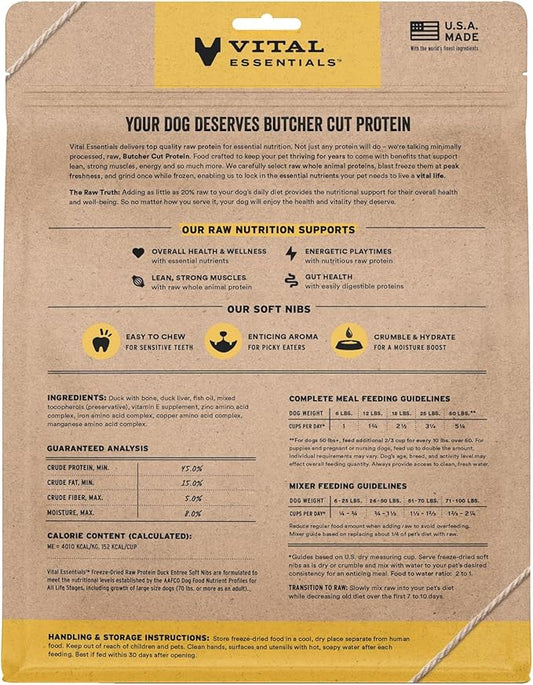 Vital Essentials Freeze-Dried Raw Duck Meal or Mixer Dog Food Soft Nibs | 99% Duck, Organs & Bone | 14 oz