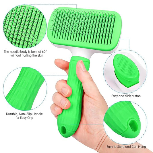 Dog & Cat Brush, Self Cleaning Slicker Brush for Pets, Upgraded Dog Brush for Shedding Massaging and Grooming, Removes Loose Undercoat & Portable Comb for Long Short Haired Dogs(Green)