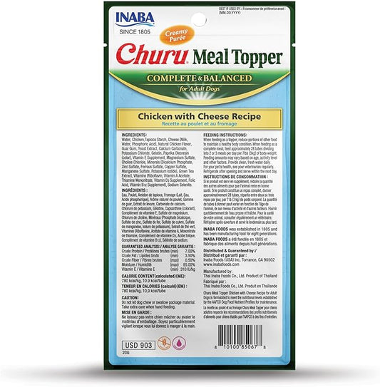 INABA Churu Meal Topper for Dogs, Complete & Balance, Creamy, Lickable Purée Dog Food Topper, 0.5 Ounce Tube, 24 Tubes (4 per Pack), Chicken with Cheese Recipe