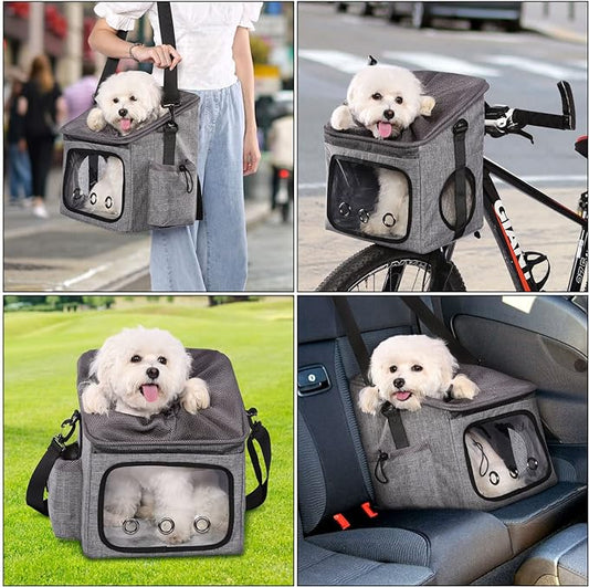 Ownpets Dog Bike Basket Foldable Pet Carrier, Dog Car Booster Seat with Mesh Windows, Adjustable Shoulder Bag Portable Breathable Bicycle Basket Bag for Dogs and Cats
