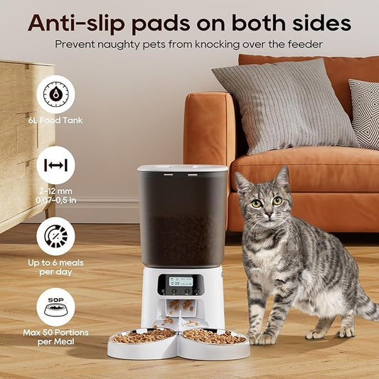 Automatic Cat Feeder for 2 Cats, 6L Timed Cat Dry Food Dispenser Dog Feeder up to 6 Meals & 30 Portions per Day,10S Voice Record,Flexible Schedule Timer Pet Feeder for Small Dogs, White