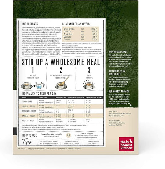 The Honest Kitchen Human Grade Dehydrated Gourmet Grains Dog Food - Chicken & Duck , 10 Pound Box