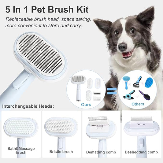 5 IN 1 Pet Grooming Kit,Dog&Cat Self Cleaning Slicker Brush for Shedding.Dematting&Deshedding&Undercoat Dog Brush,Dog Hair Brush,Suitable for Small&Large,Long&Short Haired Pets.(Blue)
