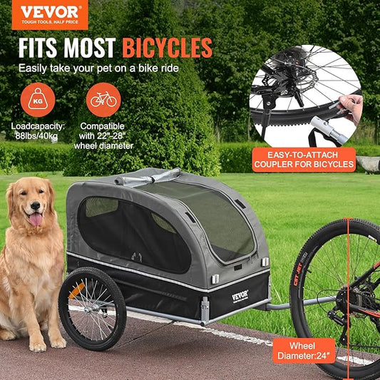 VEVOR Dog Bike Trailer, Supports up to 66/88/100 lbs, Pet Cart Bicycle Carrier, Easy Folding Frame with Quick Release Wheels, Universal Bicycle Coupler, Reflectors, Flag, Collapsible to Store