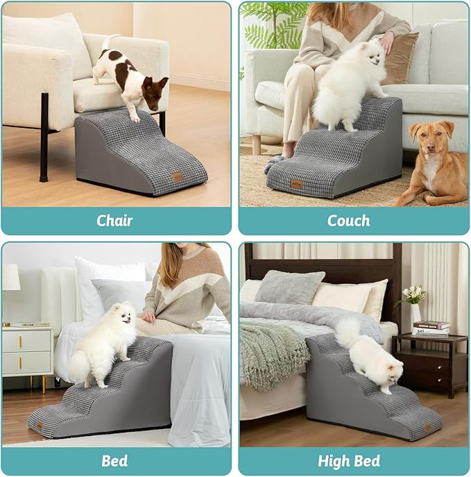 Dog Stairs for High Bed 22.6" H, Small Pet Steps with Leakproof Cover, High Density Foam Cat Ramp for Bed, Car or Couch, Lightweight, Durable, Comfort, 15.7x33x22.6 inch, 5 Tiers, Light Grey