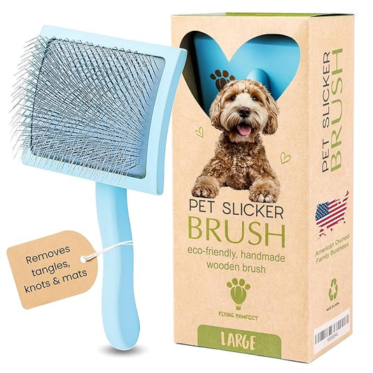 Pet Slicker Brush With Soft Massage Grooming Stainless Steel Pins - For Dematting, Shedding Fur, and Undercoat - Ideal Gift for Professional Pet Groomers - Long Slicker Brush - Flying Pawfect