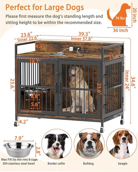 Piskyet Large Dog Crate Furniture,Heavy Duty Dog Crate Table with Charge Station and Storage&360°Rotatable Feeder and Stainless Steel Bowls,Indoor Double Door Kennel with Wheels,Rustic Brown 39.9" L