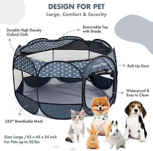 GrandTies Waterproof Dog & Cat Playpen – Foldable Pet Tent for Indoor & Outdoor, Pop-Up Kennel for Puppies, Kittens & Rabbits – Portable Travel Crate with Carrying Case (Starry Night, Large)