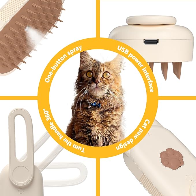 Cat Steam Brush for Shedding, 4 in 1 Rechargeable Steam Brush for Cats and Dogs, Upgraded Steam Groomer Comb for Cleaning Shedding Hair, Multifunctional Hair Removal Comb for Cats & Dogs (Beige)