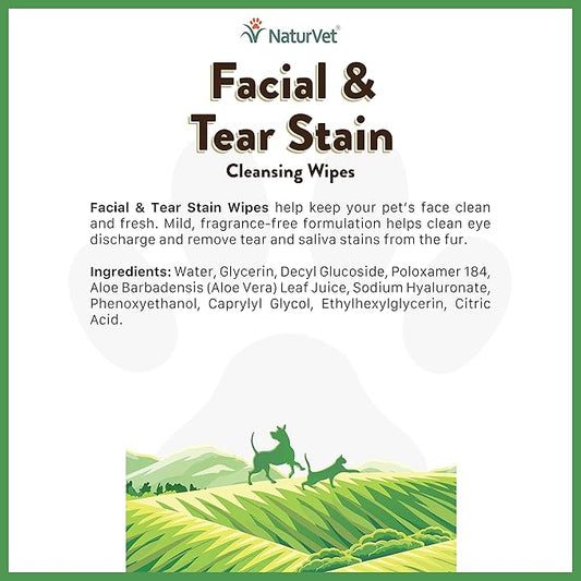 NaturVet Facial & Tear Stain Cleansing Wipes for Dogs & Cats 60 Count