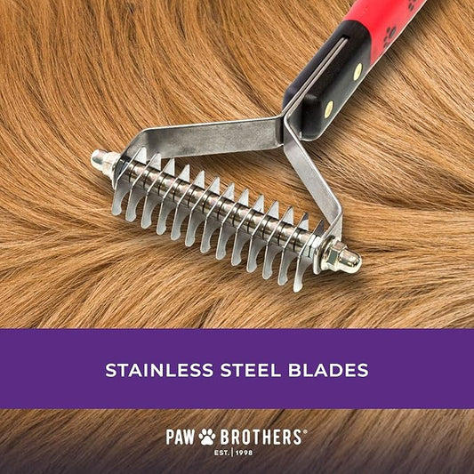 RYAN'S PET SUPPLIES Paw Brothers 13-Blade Coarse Double Wide Dematting Undercoat Rake for Dogs and Cats, Professional Grade, Dog Shedding Brush, Stainless Steel Blades, Rounded Gentle Teeth