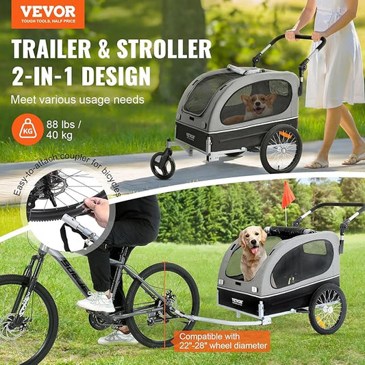 VEVOR Dog Bike Trailer, Supports up to 66/88/100 lbs, 2-in-1 Pet Stroller Cart Bicycle Carrier, Easy Folding Cart Frame with Quick Release Wheels, Universal Bicycle Coupler, Reflectors, Flag