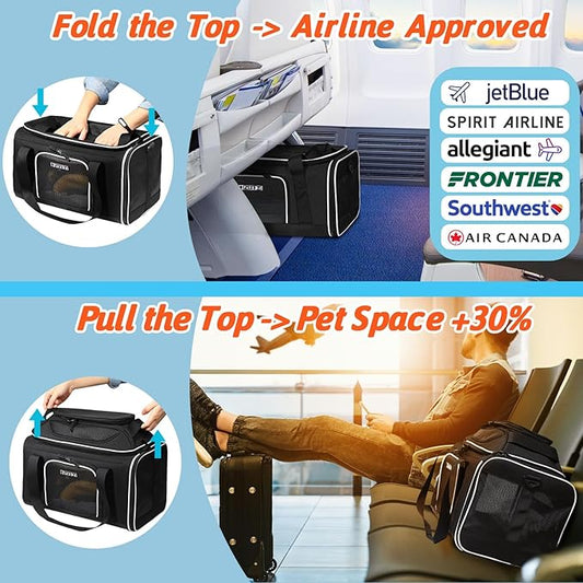 Petskd Top-Expandable Pet Carrier 17x12x8.5 Inches JetBlue Frontier Spirit Airline Approved, Soft-Sided Carrier for Small Cats and Dogs with Locking Safety Zippers and Anti-Scratch Mesh(Black)
