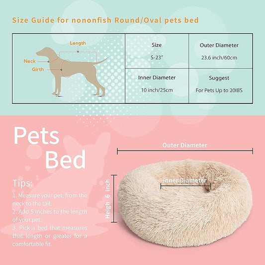 Small Dog Bed Calming Dogs Bed for Small Medium Large Dogs Anti-Anxiety Puppy Bed Machine Washable Warming Cozy Soft Pet Round Bed Fits up to 10-100 lbs (23”Small(Pack of 1), Beige)