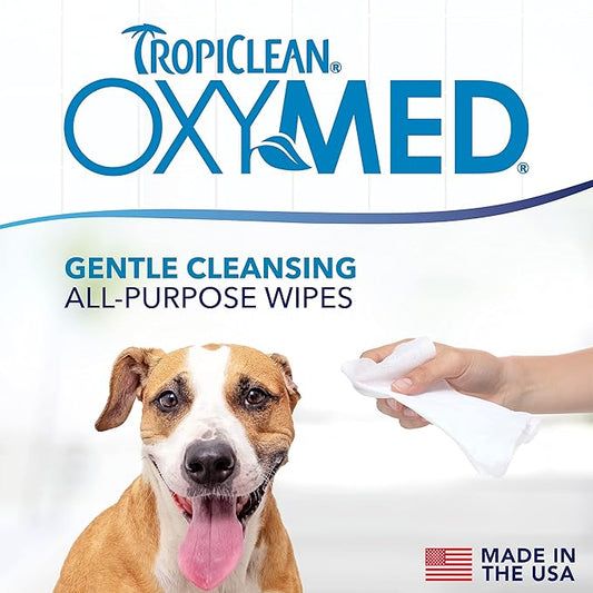 TropiClean Oxymed Soothing Allover Cat & Dog Wipes For Paws And Butt | Anti Itch Relief For Dogs & Cats 50 Count