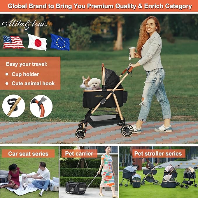 MILA&LOUIS Dog Stroller for Medium Dogs, Lightweigh Pet Stroller for Small Dogs with 4 Upgraded Wheel, Dog Strollers with Cup Holder, Hook, Fashion Gold Puppy Stroller with Detachable Aluminum Cradle