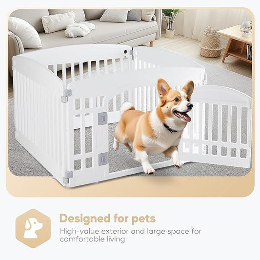 Simple Deluxe Plastic Dog Playpen, 24" Exercise 4-Panel Pet Playpen with Door, Safe and Secure, Folding and Portable Puppy Playpen for Puppies and Small Dogs, White