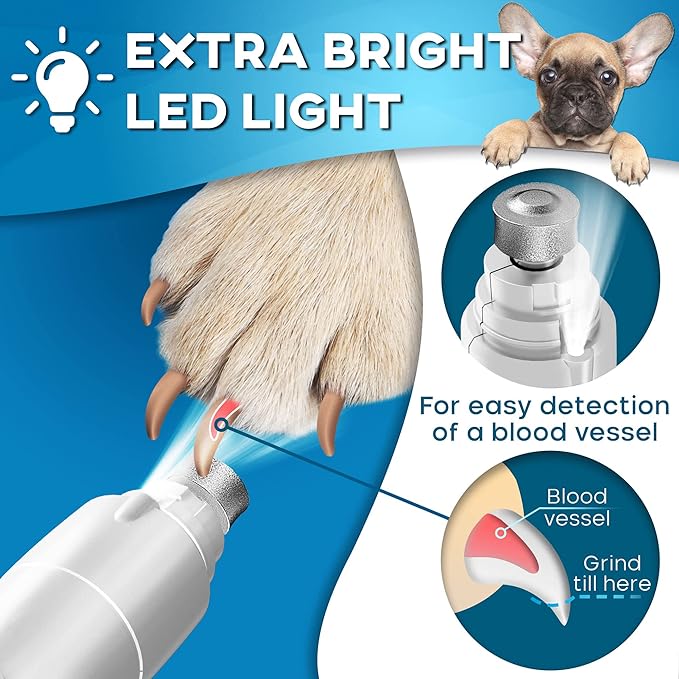 Low Vibration Dog Nail Grinder with LED Light – 2-Speed Quiet Nail Trimmer for Small & Medium Dogs, Cats, and Other Pets Professional Grinder