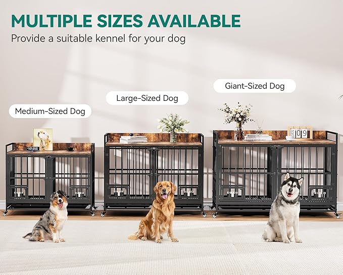 YITAHOME 37.5'' Heavy Duty Dog Crate with Removable Divider, Double Doors & Locks Design, Furniture Style Large Dog Crate with 360° Rotatable Dog Bowls & 360° Wheels & 2 Trays for Small/Medium Dog