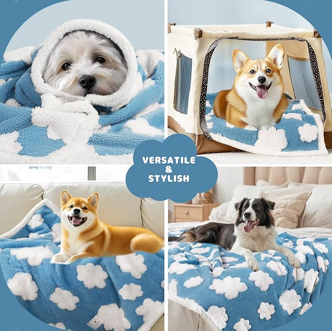 Luciphia Waterproof Dog Cat Blanket Fluffy Thick Fleece Pet Blanket,Washable Double Sided Sherpa Calming Blankets Flower Print Blankets for Medium Large Dogs Cats(Blue Cloud,67x57 inches)